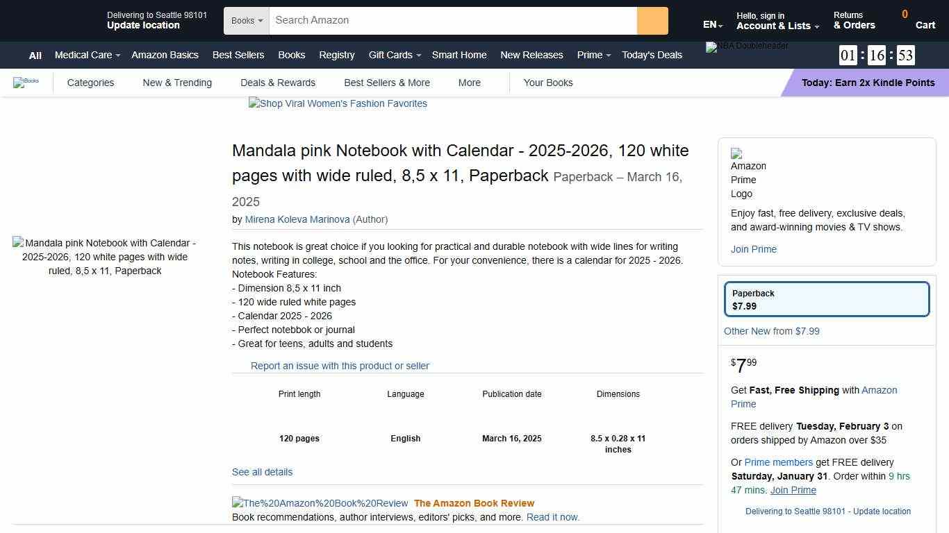 Mandala pink Notebook with Calendar - 2025-2026, 120 white pages with wide ruled, 8,5 x 11, Paperback: Marinova, Mirena Koleva: Amazon.com: Books
